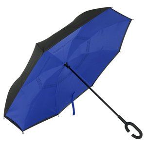 Reverse Folding Umbrella Men Women C Handle Windproof Double Layer Blue
